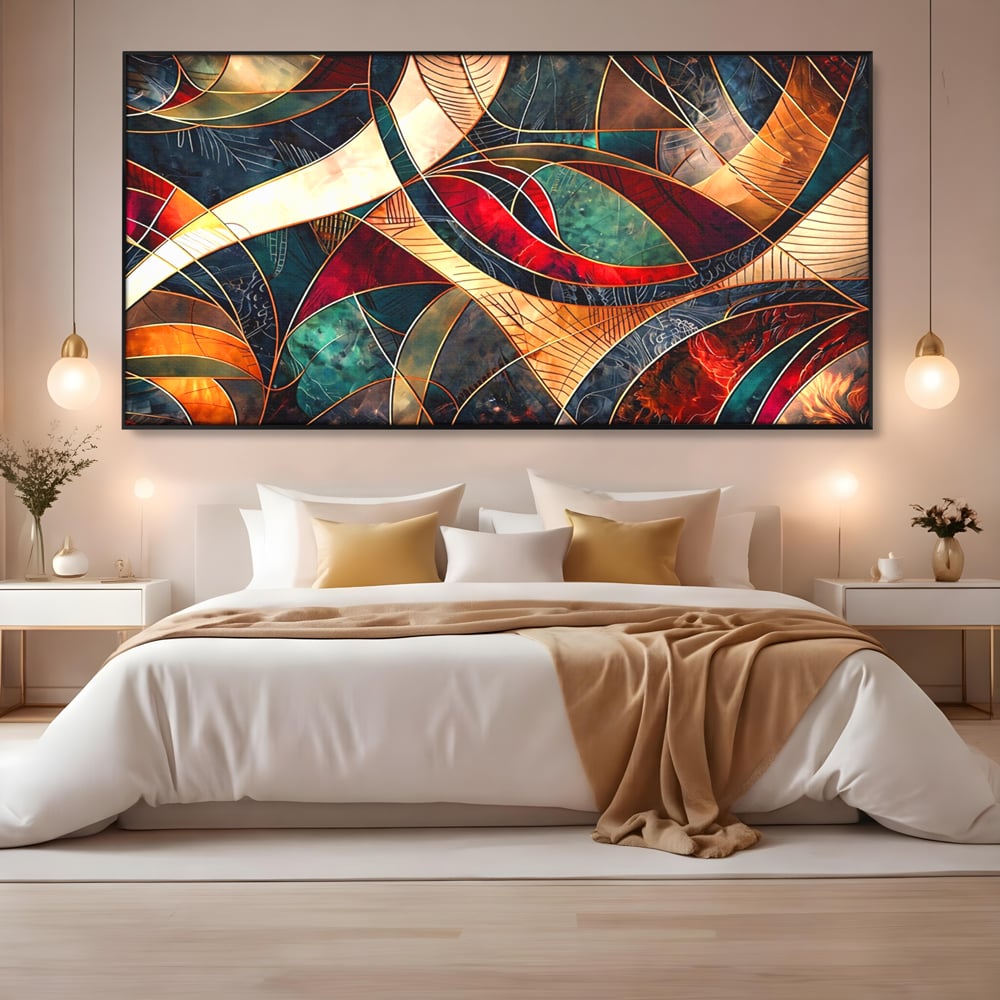 Tablou canvas cu tablou abstract cu linii aurii, in rama de aluminiu negru, pe perete intr-un dormitor